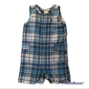 boys romper shorts blue plaid snap button crotch Ralph Lauren size 6 Months